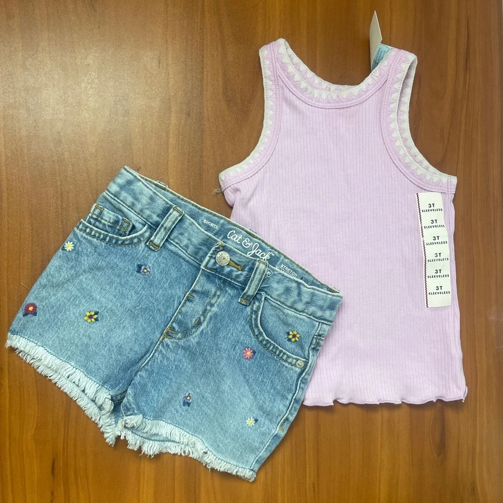 Cat & Jack Girls 3T Outfit Set Lavender Ribbed Tank & Floral Denim Shorts NEW